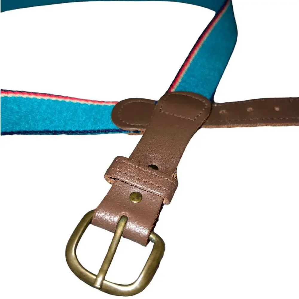 unbranded Vintage Blue Striped Belt with Leather Accents 37-40 Inch Waist
